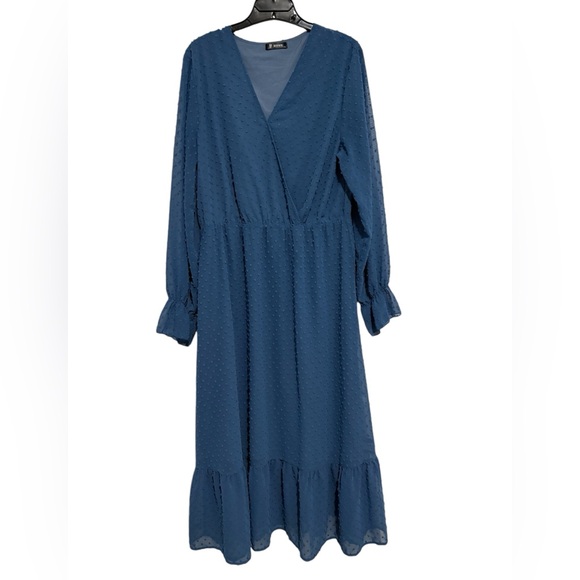 Blue Long Sleeve Belted Long Dress - Picture 2 of 4
